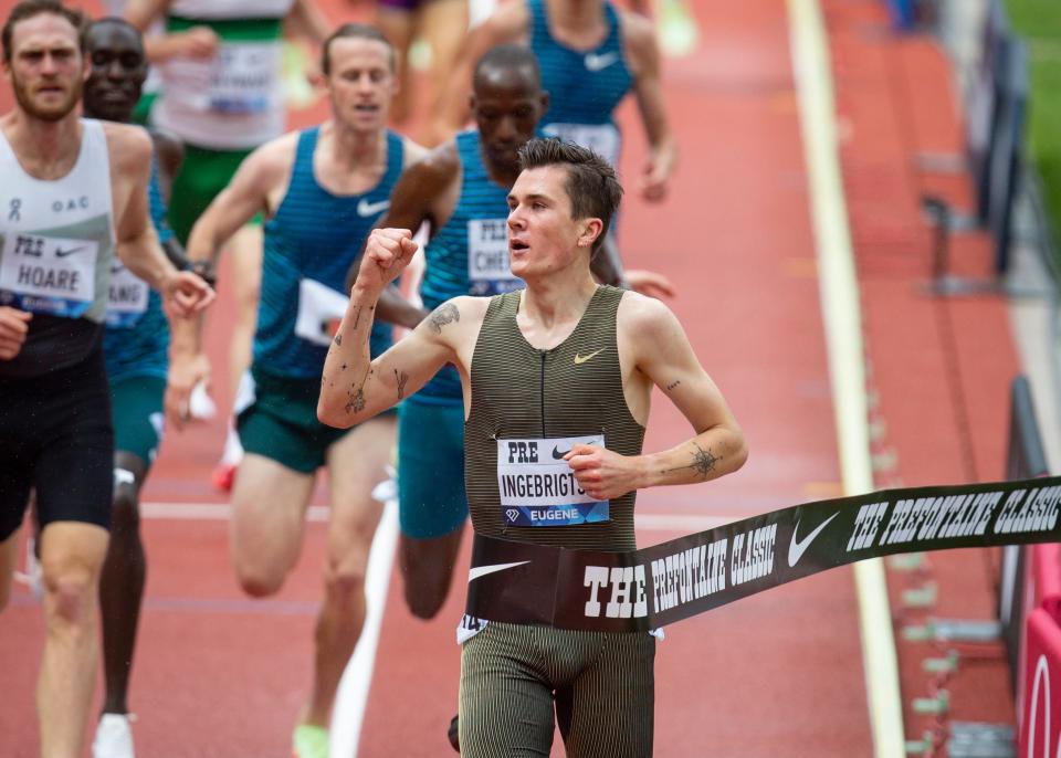 Jakob Ingebrigsten celebrates his win in the Bowerman Mile at the 2022 Prefontaine Classic Saturday, May 28, 2022, at Hayward Field in Eugene. 