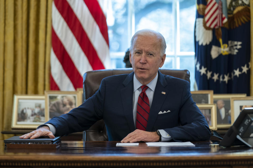 President Joe Biden delivers remarks on health care, in the Oval Office of the White House, Thursday, Jan. 28, 2021, in Washington. (AP Photo/Evan Vucci)