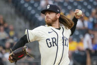 Pittsburgh Pirates starter Dillon Peters pitches to a St. Louis Cardinals batter during the first inning of a baseball game Friday, Aug. 27, 2021, in Pittsburgh. (AP Photo/Keith Srakocic)