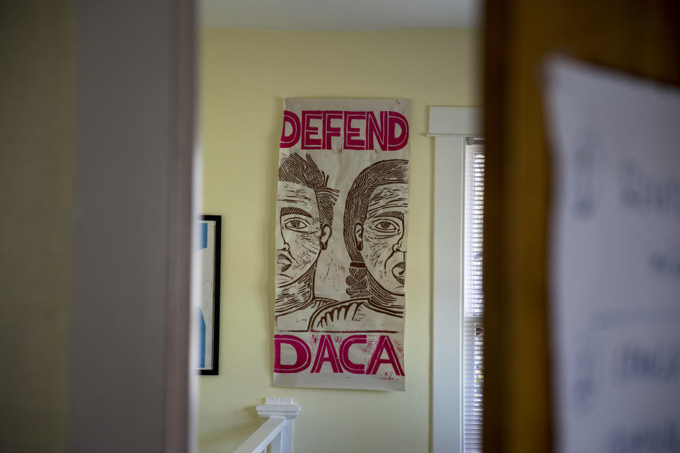 A sign at the Grassroots Leadership&nbsp;office, designed by&nbsp;Nicol&aacute;s Gonz&aacute;lez-Medina, calls for the defense of DACA, the Obama-era program that&nbsp;gives undocumented immigrants who arrived as&nbsp;children&nbsp;protection from deportation and allows them to work legally. (Photo: Ilana Panich-Linsman for HuffPost)