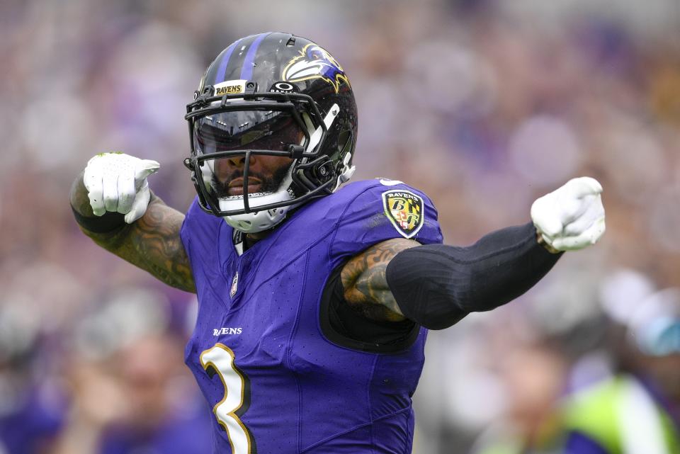 Baltimore Ravens' Odell Beckham Jr. reacts after catching a pass during the second half of an NFL football game against the Houston Texans Sunday, Sept. 10, 2023, in Baltimore. (AP Photo/Nick Wass)