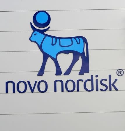 The logo of Danish multinational pharmaceutical company Novo Nordisk is pictured on the facade of a production plant in Chartres, north-central France, April 21, 2016. REUTERS/Guillaume Souvant/Pool/File Photo