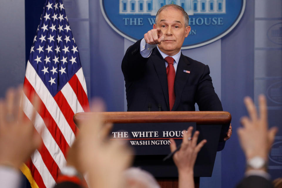 Pruitt takes questions from reporters in June 2017. He was known for shutting journalists out of crucial meetings. (Photo: Jonathan Ernst / Reuters)