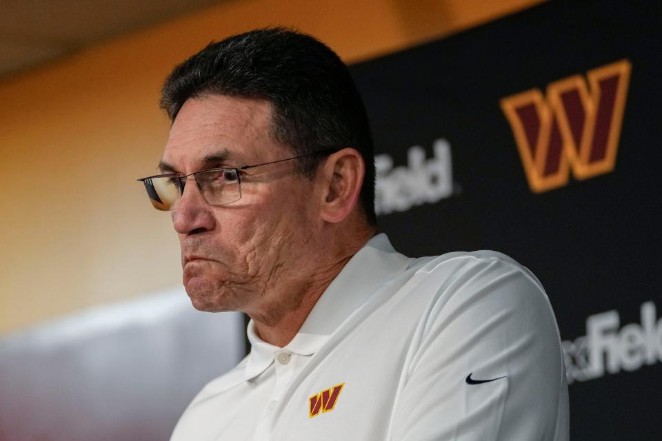 Washington Commanders head coach Ron Rivera during his news conference at the end of an NFL football game against the Dallas Cowboys, Sunday, Jan. 7, 2024, in Landover, Md.