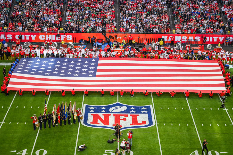 The American flag is displayed ahead of Super Bowl LVII between the Kansas City Chiefs and the Philadelphia Eagles held at State Farm Stadium in Phoenix. Picture date: Sunday February 12, 2023. (Photo by Anthony Behar/PA Images via Getty Images)