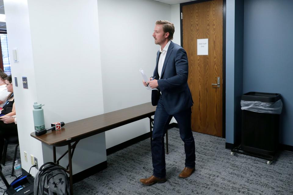 State schools Superintendent Ryan Walters arrives for the March meeting of the Oklahoma State Board of Education meeting at the Oliver Hodge Building in Oklahoma City.