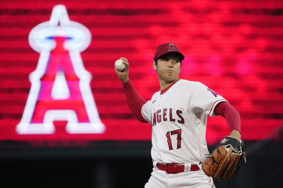 Los Angeles Angels starting pitcher Shohei Ohtani warms up during the third inning of a baseball game against the Miami Marlins Saturday, May 27, 2023, in Anaheim, Calif. (AP Photo/Mark J. Terrill)