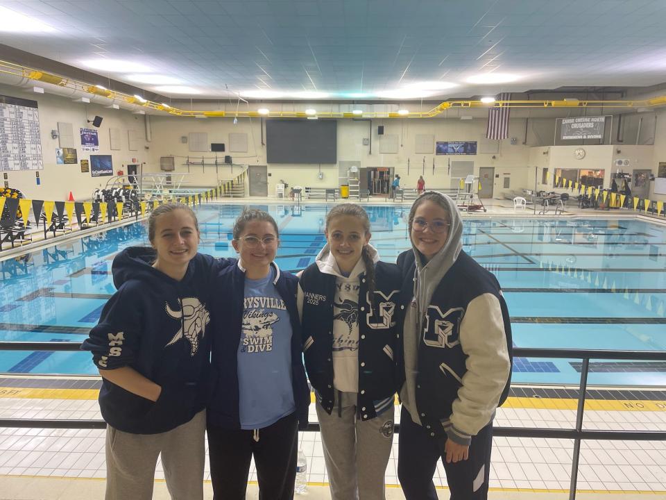 From left: Marysville's 400-meter relay team Ava Hanners, Alison Jainer, Aubrey Hanners and Joanna Roosa are seen during a swimming & diving meet earlier this season. The team qualified for the Division 3 state finals.