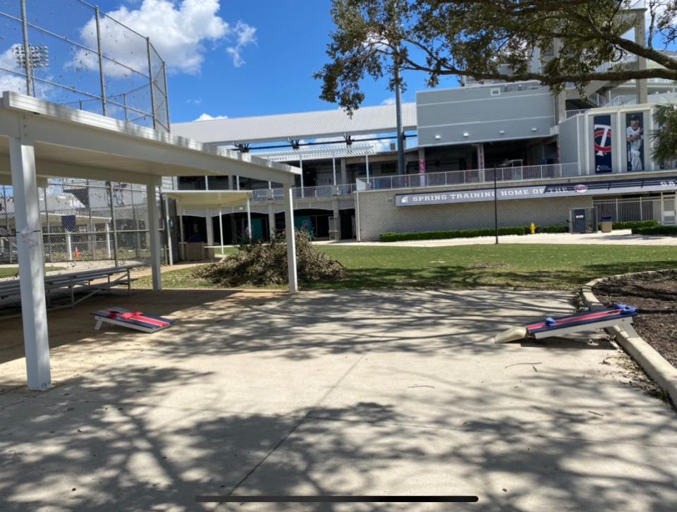 A cornhole setup for emergency personnel, currently living at the Minnesota Twins' CenturyLink Sports Complex in Fort Myers in the aftermatch of Hurricane Ian