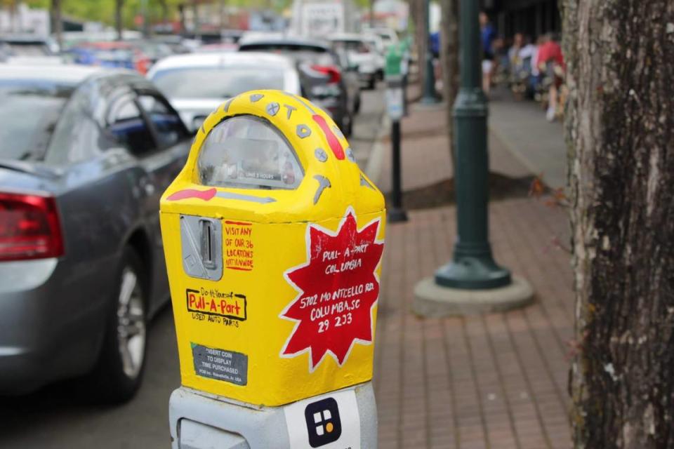 An image of one of the specially-painted parking meters scattered around Columbia in April.