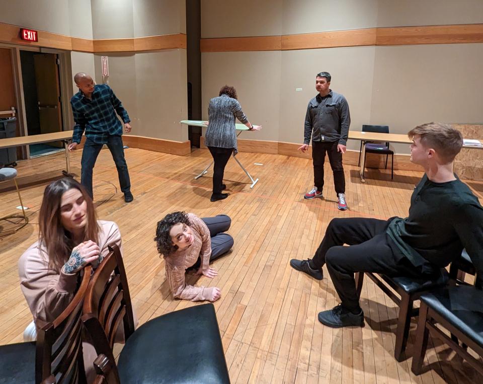 Left to right, Elena M. Perantoni, Jabari Ikenna Johnson, Acacia Leigh Duncan, Nancy Skaggs, Drew Eberly and Robbie Davidson, rehearse a scene from the Available Light Theatre production of "Everybody."