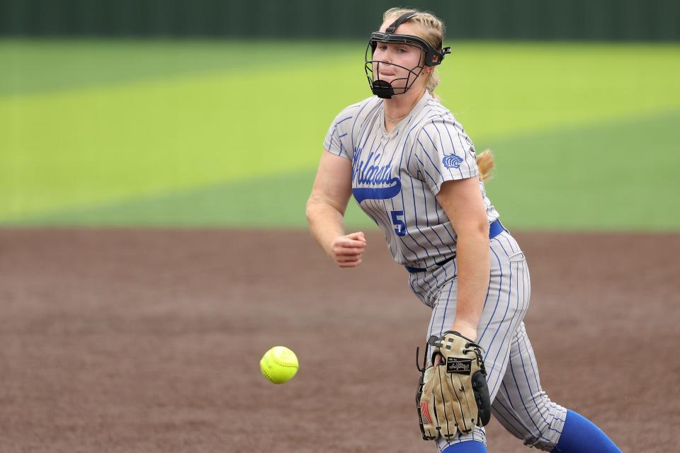 Piedmont's Payten Schibbelhute pitches during a Class 5A state fastpitch softball game against Durant on Oct. 12 in Shawnee.