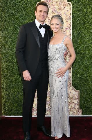 <p>Michael Buckner/Golden Globes 2024/Golden Globes 2024/Getty</p> Jason Segel and Kayla Radomski at the 81st Golden Globe Awards on January 7, 2024 in Beverly Hills, California.