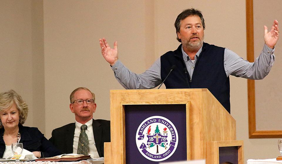 Duck Dynasty's Alan Robertson delivers his keynote address at the Ashland County Ministerial Association's Ashland Community Prayer breakfast to celebrate National Day of Prayer on Thursday, May 5, 2022 at Ashland University's John C. Myers Convocation Center. TOM E. PUSKAR/TIMES-GAZETTE.COM