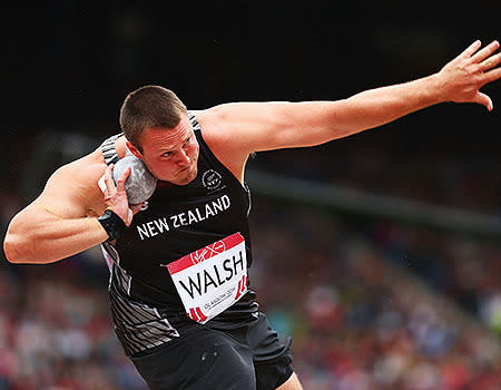 Tom Walsh of New Zealand competes in the Men's Shot Put qualification at Hampden Park Stadium.