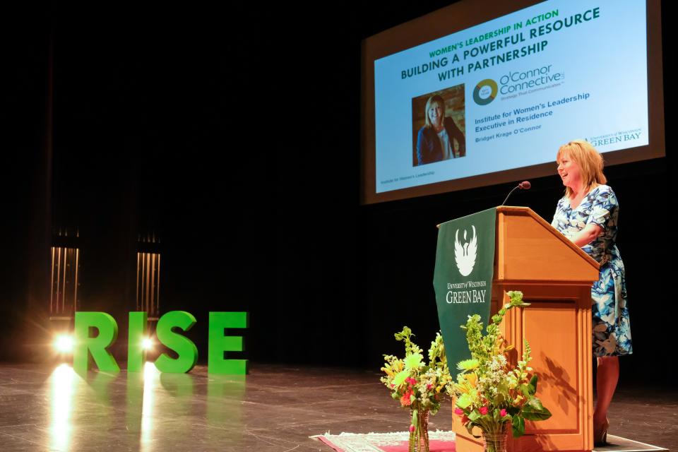 Bridget Krage O'Connor, owner and principal consultant at O’Connor Connective, speaks during the Institute for Women’s Leadership CELEBRATE 2022 Women on the Rise event at the Weidner Center for Performing Arts on the UW-Green Bay campus, April 14, 2022, in Green Bay, Wis.