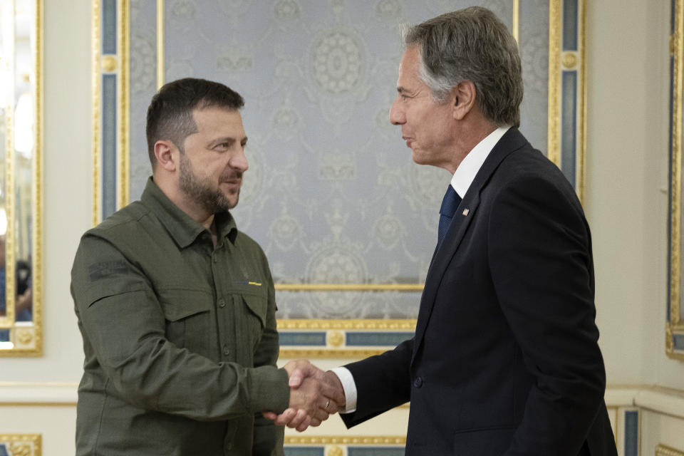 Ukraine's President Volodymyr Zelenskyy greets U.S. Secretary of State Antony Blinken before a meeting at Bankova in Kyiv, Ukraine, Wednesday, Sept. 6, 2023. (Brendan Smialowski/Pool via AP