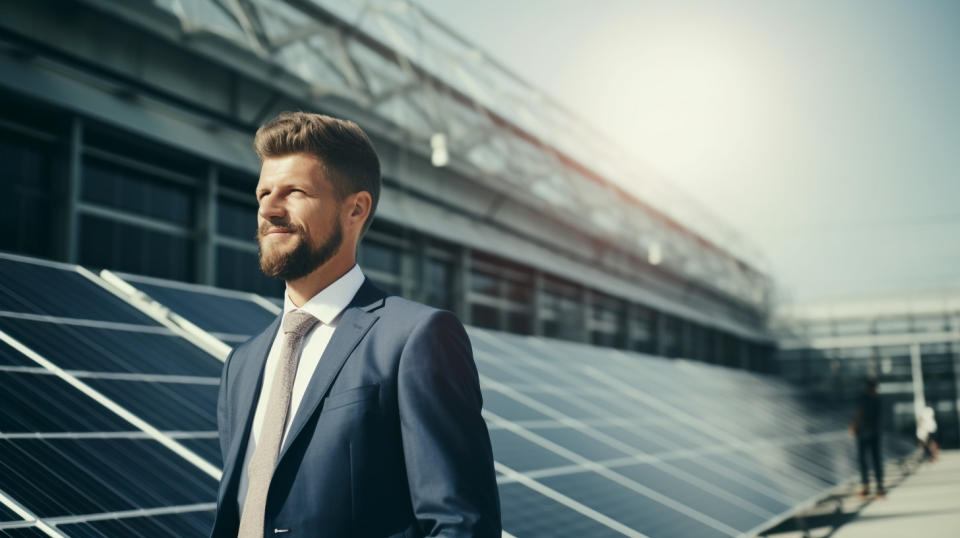 An industrial engineer standing in front of a factory installation of solar energy panels.