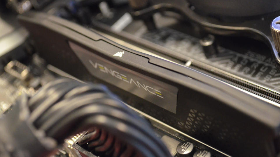 Corsair Vengence DDR5 RAM slotted into a motherboard