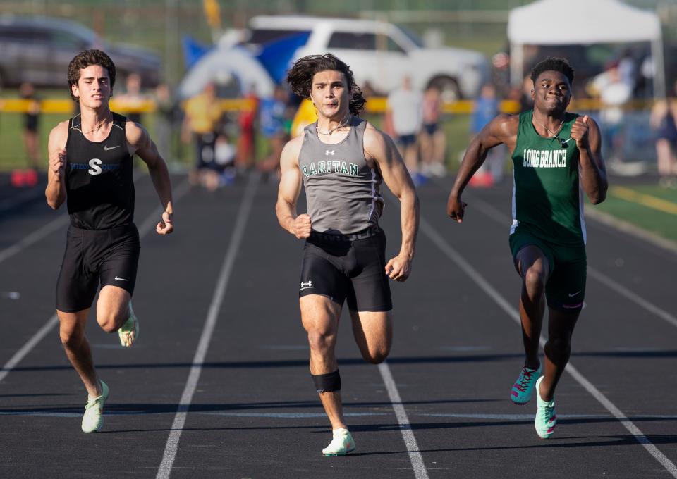 Raritan’s Kieran Falzon wins the boys 100 meter dash. Monmouth County Track & Field Championships held at Howell High School. Howell, NJWednesday, May 10, 2023