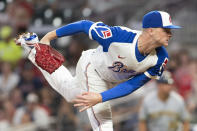 Atlanta Braves relief pitcher Sean Newcomb delivers. in the fourth inning of a baseball game against the Milwaukee Brewers, Friday, July 30, 2021, in Atlanta. (AP Photo/Hakim Wright Sr.)