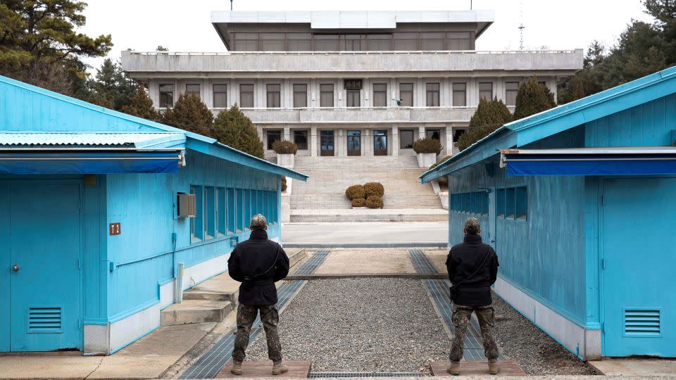 South Korean soldiers stand guard during a media tour at the Joint Security Area (JSA) in the border village of Panmunjom in March 2023 - Jeon Heon-Kyun/Reuters