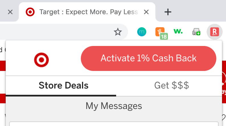 The Rakuten browser extension notifies Target shoppers they can earn 1% back. (Photo: Target.com)