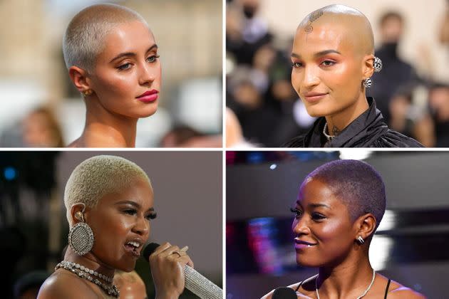 Clockwise from top left: Iris Law, Indya Moore, Keke Palmer and Saweetie are among the celebrities who have had their heads shaved. (Photo: Getty Images)