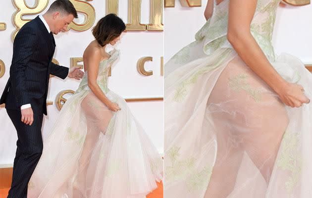 A close-up of the dress reveals that Jenna is going commando. Source: Getty