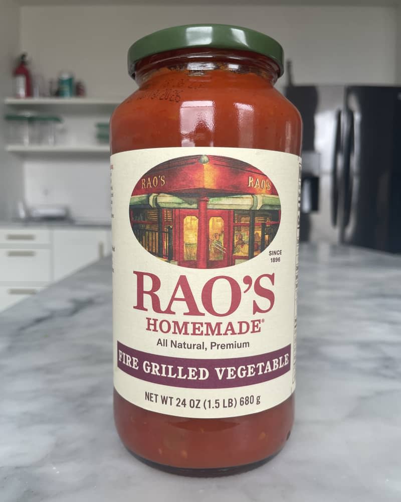 Rao's new sauces taste test: jar of Fire Grilled Vegetable sauce on counter