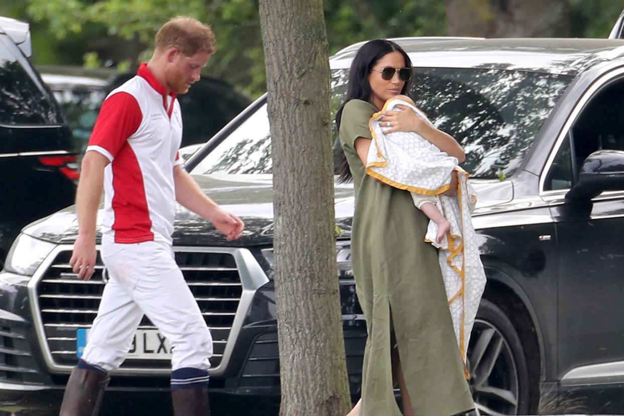 WOKINGHAM, ENGLAND - JULY 10: Prince Harry, Duke of Sussex, Meghan, Duchess of Sussex and Prince Archie Harrison Mountbatten-Windsor attend The King Power Royal Charity Polo Day at Billingbear Polo Club on July 10, 2019 in Wokingham, England. (Photo by Chris Jackson/Getty Images)