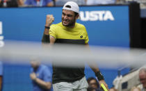 Matteo Berrettini, of Italy, pumps his fist after winning a point against Gael Monfils, of France, during the quarterfinals of the U.S. Open tennis championships Wednesday, Sept. 4, 2019, in New York. (AP Photo/Frank Franklin II)