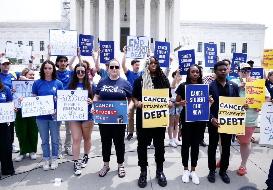 Protesters demand that President Joe Biden cancel student loan debt at a rally outside of the U.S. Supreme Court  on June 30, 2023