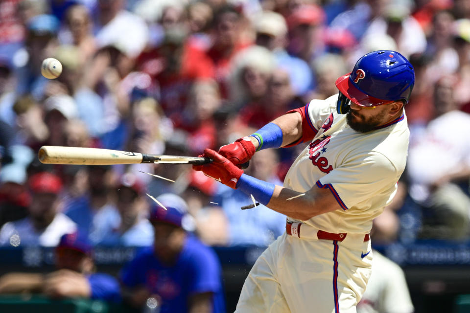 Philadelphia Phillies' Kyle Schwarber hits a sacrifice fly to score Bryson Stott during the third inning of a baseball game against the Toronto Blue Jays, Wednesday, May 8, 2024, in Philadelphia. (AP Photo/Derik Hamilton)