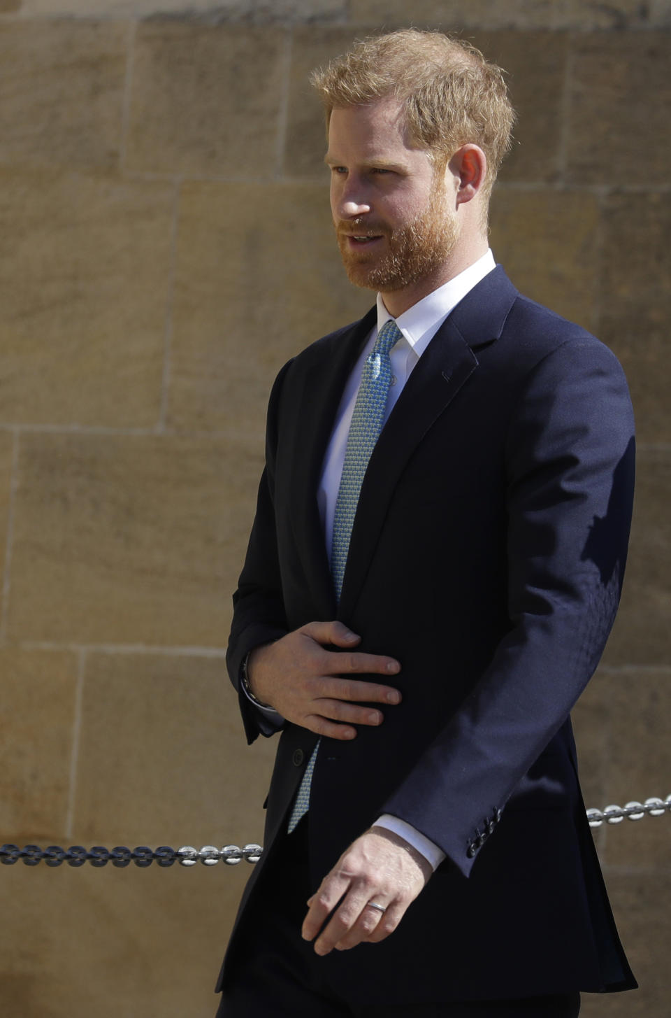 Britain's Prince Harry arrives to attend the Easter Mattins Service at St. George's Chapel, at Windsor Castle in England Sunday, April 21, 2019. (AP Photo/Kirsty Wigglesworth, pool)