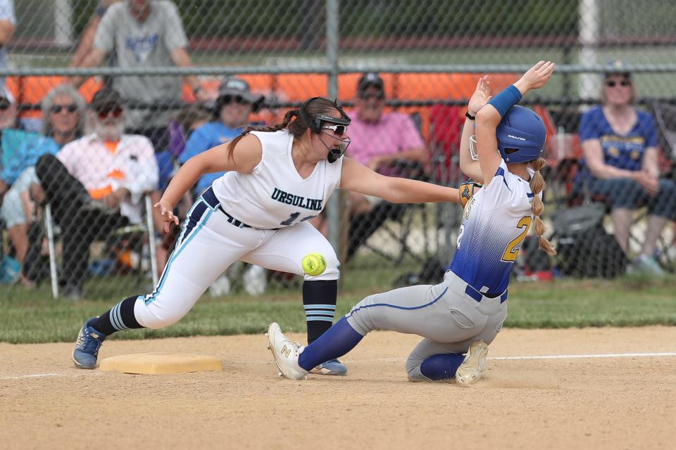 Ava Wunder from Maine-Endwell slides safely into third, June 3, 2023.