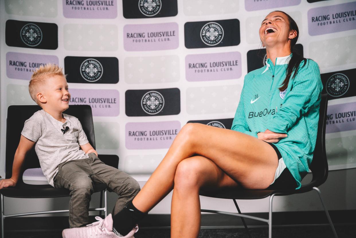 Carson Pickett, soccer player for Racing Louisville FC, reunites with Joseph Tidd, 6-years-old, for a pre-show segment set to air at 7 p.m. on Saturday, March 30 before a National Women's Soccer League doubleheader. The two went viral after bumping elbows in a 2019 photo.