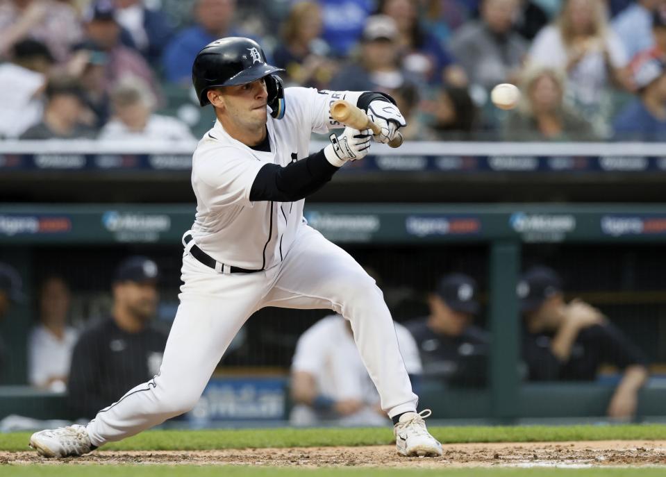 Detroit Tigers' Zack Short bunts against the Chicago White Sox during the fourth inning of a baseball game Saturday, Sept. 9, 2023, in Detroit. Short was out at first. (AP Photo/Duane Burleson)