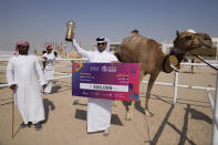 Fayez Ahmed alKuwari poses with the trophy and a money prize after winning with his family of camel owners the first prize at a camel pageant at the Qatar camel Mzayen Club, in Ash- Shahaniyah, Qatar, Friday, Dec. 2, 2022. (AP Photo/Alessandra Tarantino)