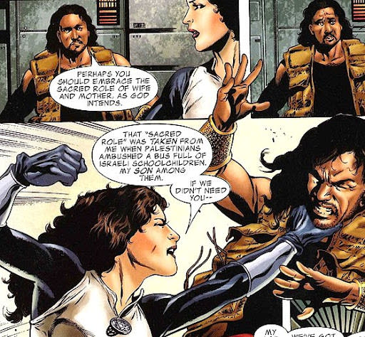 panel featuring sabra and arabian knight fighting marvel comics