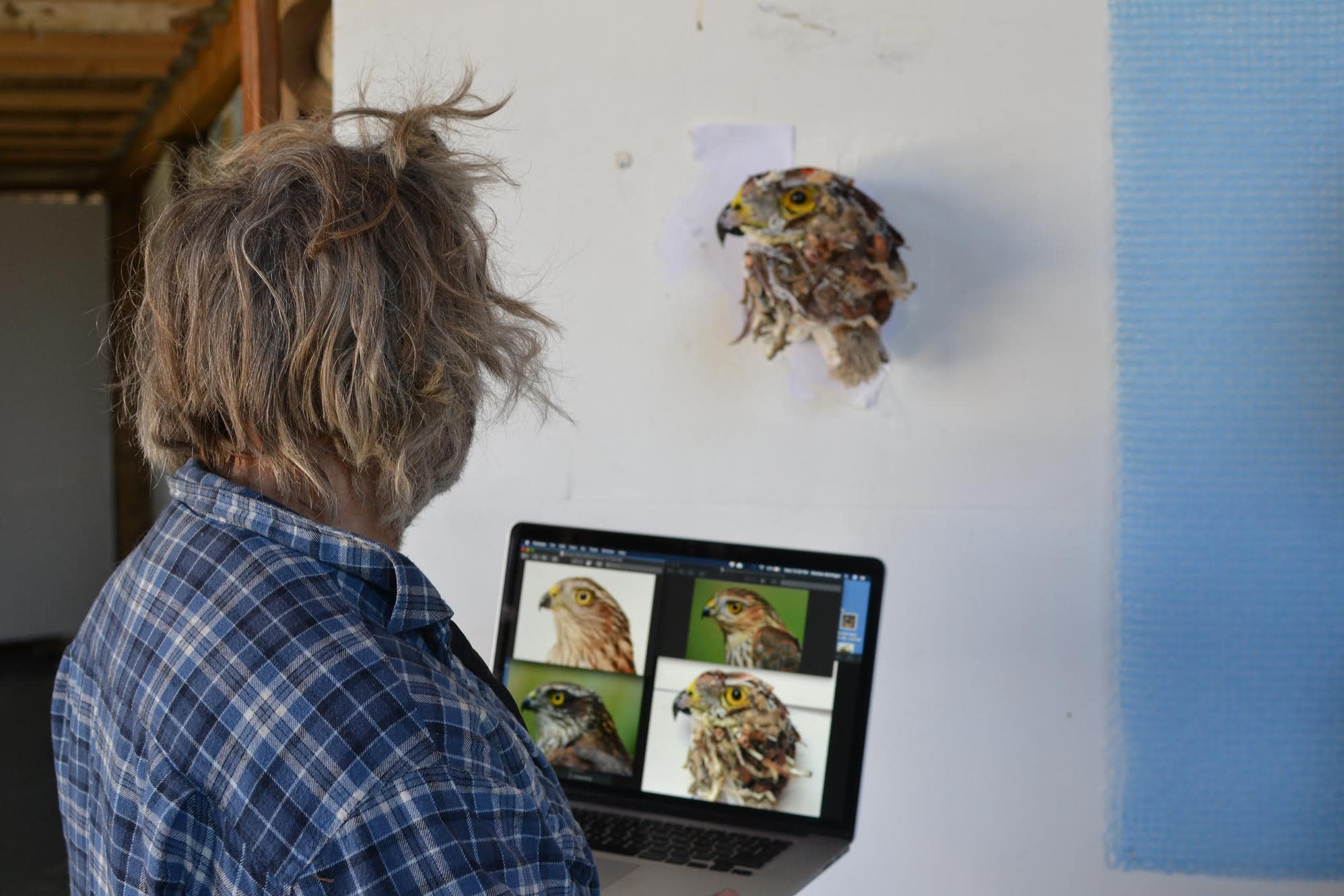 The artist Thomas Deininger holding a laptop with pictures of falcons, while staring at his falcon sculpture.