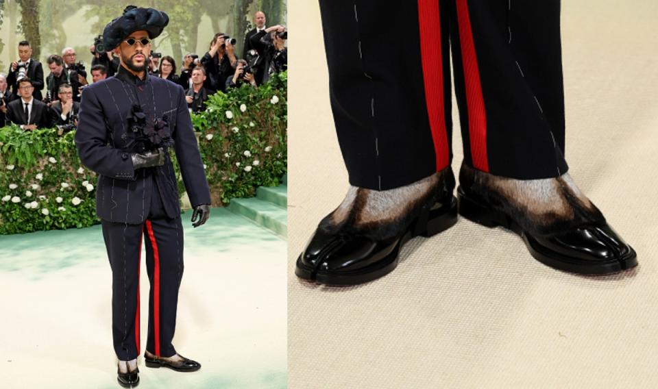 Bad Bunny wears Margiela X Lououtin shoes for the Met Gala 2024 red carpet.