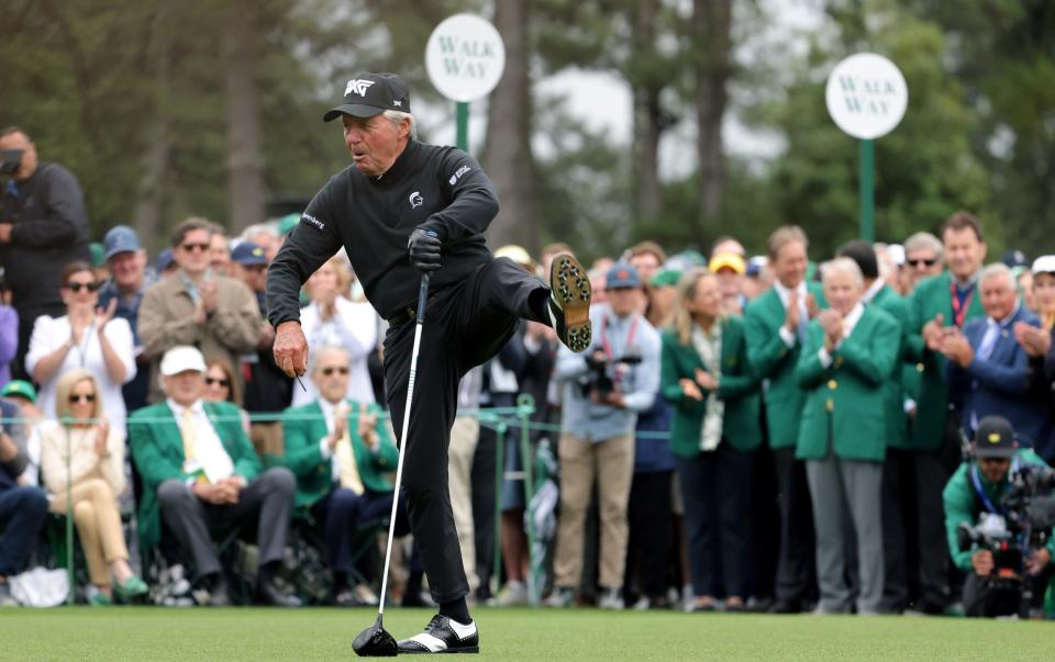 Gary Player celebrates his tee shot