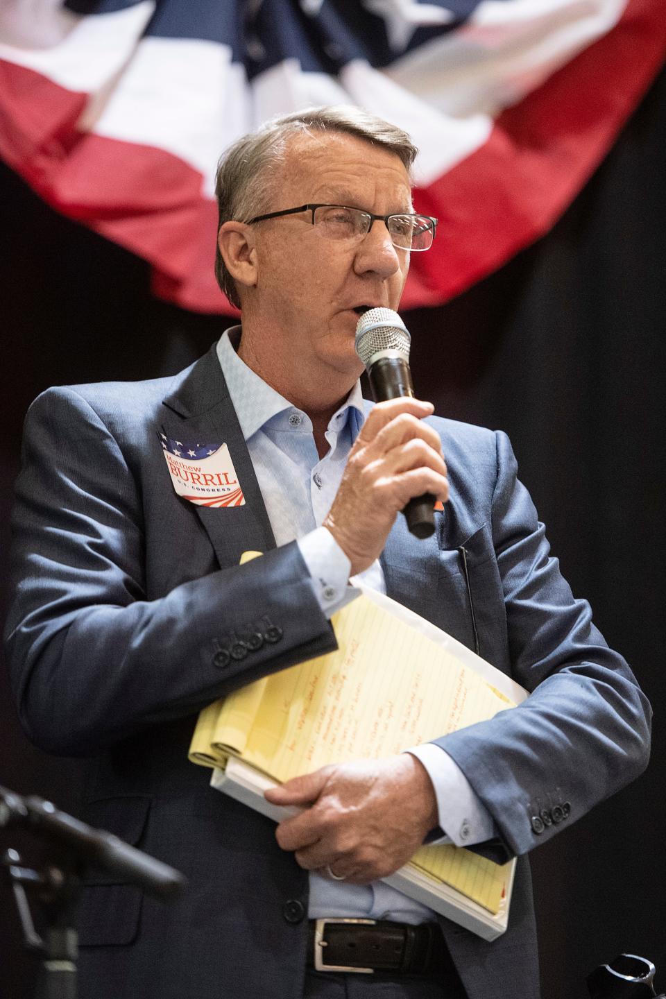 Matthew Burril speaks during the NC-11 Republican candidate debate at the WNC Agriculture Center April 12, 2022.