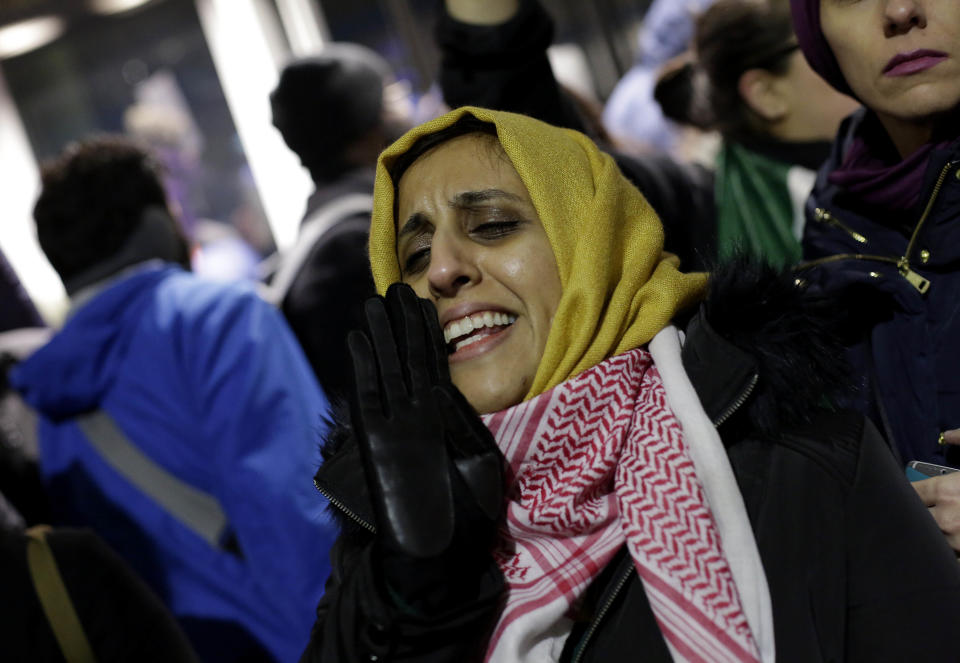 A woman yells as she protests President Donald Trump's executive order&nbsp;at O'Hare International Airport on Jan. 29, 2017 in Chicago, Illinois.