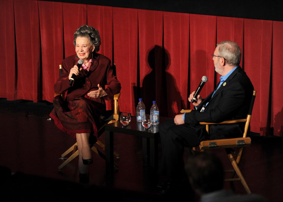 HOLLYWOOD, CA - APRIL 13:  Diana Serra Cary, also know as actress Baby Peggy Montgomery and film critic Leonard Maltin speak onstage following the screening of the film 'Baby Peggy: The Elephant in the Room' at the 2012 TCM Classic Film Festival - Day 1 at the Chinese Multiplex 1 on April 13, 2012 in Hollywood, California. (Photo by Jason Merritt/WireImage)  22307_010_JM_0847.jpg 