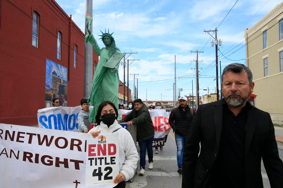 Border Network for Human Rights (BNHR) Executive Director Fernando Garcia speaks during a march from Chihuahuita Park to Sacred Heart church to protest the expansion of Title 42 ahead of President Joe Biden’s visit to El Paso, Saturday, Jan. 7.