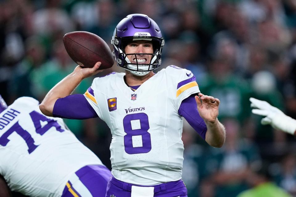 Minnesota Vikings quarterback Kirk Cousins in action during an NFL football game, Thursday, Sept. 14, 2023, in Philadelphia.