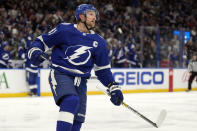 Tampa Bay Lightning center Steven Stamkos celebrates his goal against the Buffalo Sabres during the second period of an NHL hockey game Monday, April 15, 2024, in Tampa, Fla. (AP Photo/Chris O'Meara)