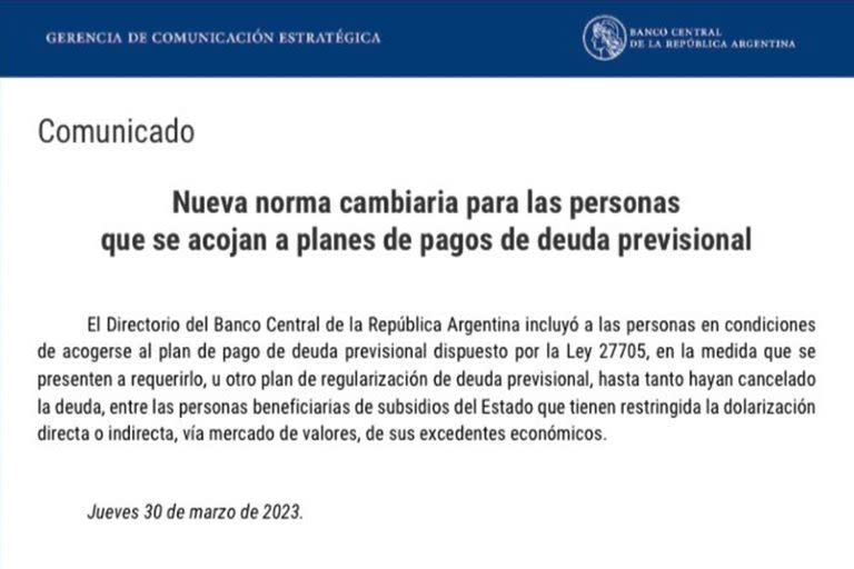 El comunicado en el que el Banco Central anticipó la limitación a la compra de dólares para quienes se acojan a la moratoria jubilatoria